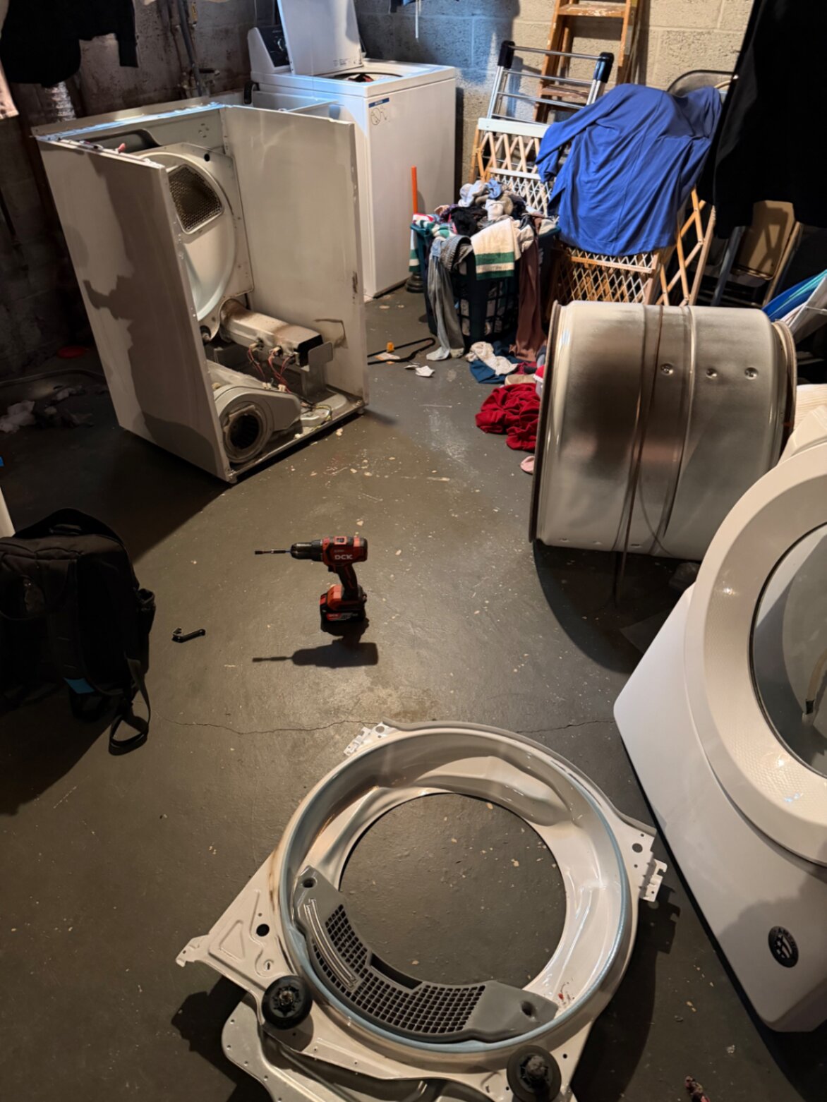 Dryer teardown with drum removed for full diagnosis