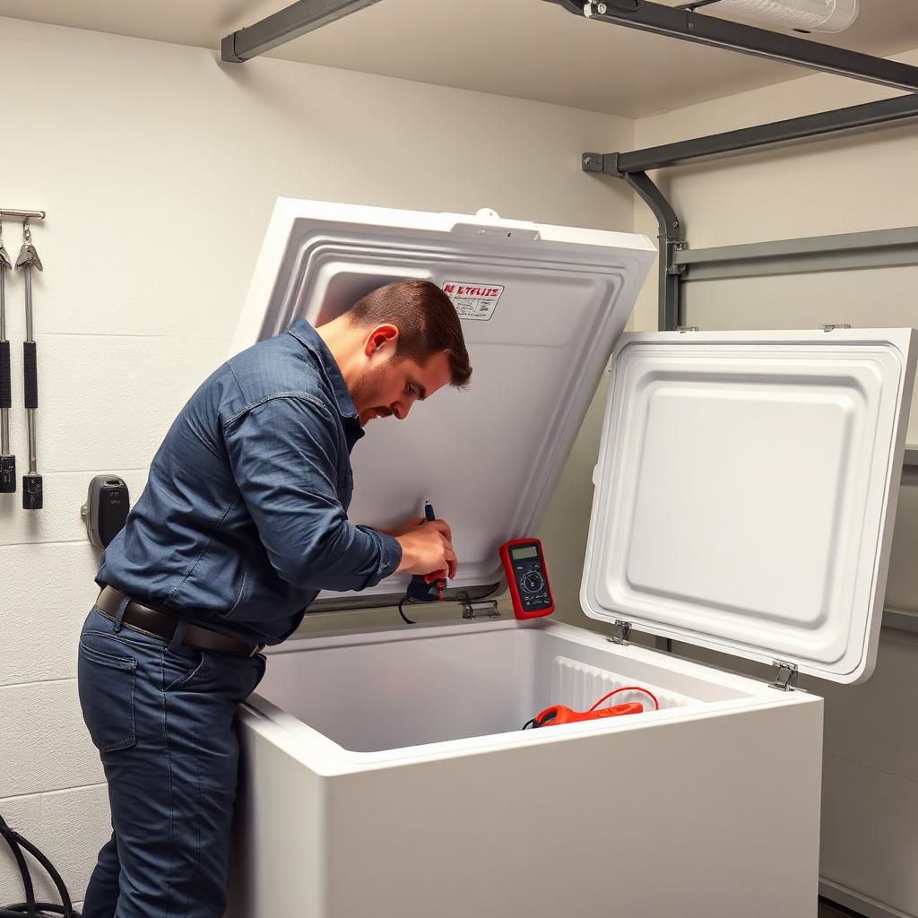 Deluxe technician repairing a chest freezer